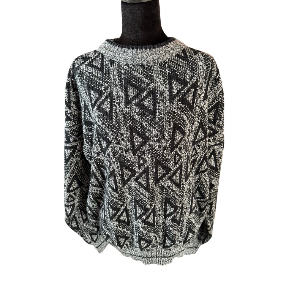 Vintage 80s 90s Chartwell Geometric Sweater Mens XL Black Grey Abstract Knit